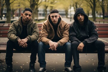In the heart of a bustling city park, three friends from distinct cultures sit side-by-side on a bench, exchanging stories and laughter
