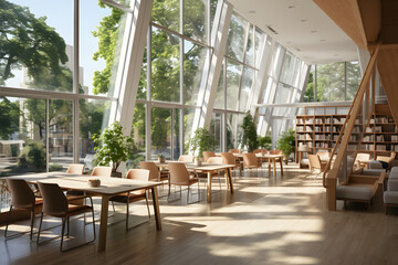 Architecture, furniture, empty room with chairs, tables, and large windows. Multi-purpose space for education or meetings.