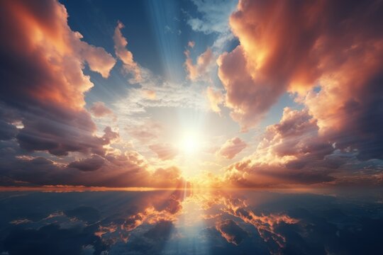 Drama sky and cloud sunbeam before sunset. AI generative