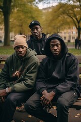 Fototapeta premium In the heart of a bustling city park, three friends from distinct cultures sit side-by-side on a bench, exchanging stories and laughter