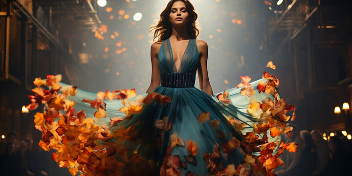 Female Model on Runway Fashion Show Catwalk in a Floral Dress Vibrant Colorful Beautiful Elegant Flowery Flowers Concept of Wedding Evening Dress