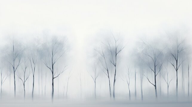  a painting of a foggy forest with trees in the foreground.  generative ai