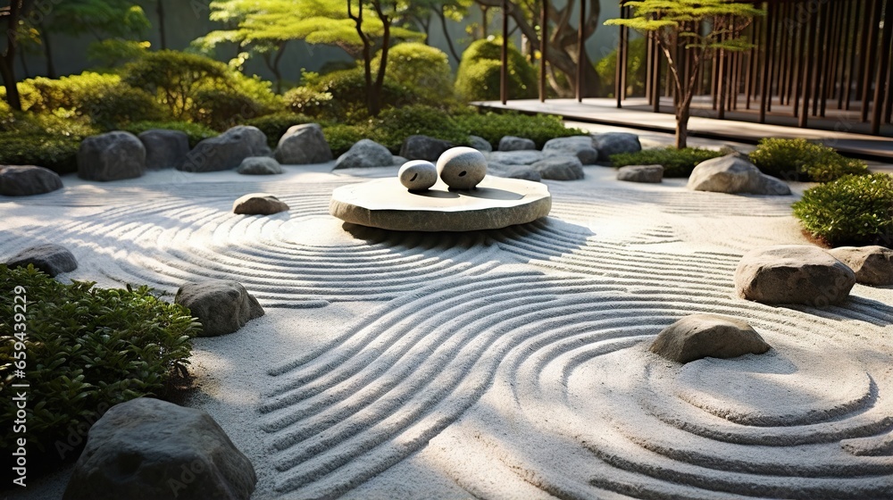 Poster a garden with rocks and rocks in the middle of it. generative ai