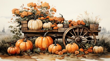  a painting of a wagon filled with pumpkins and flowers.  generative ai