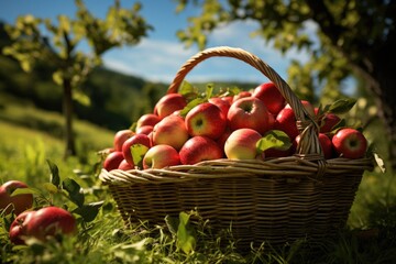 photography of a basket of apples in a green field 