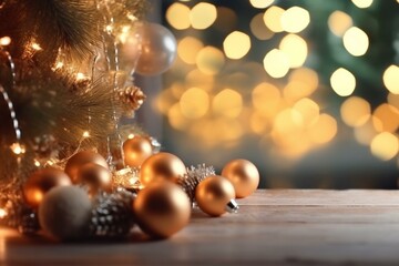 Fototapeta premium Blurred Christmas background with lights, garland, and festive decorations. Winter art design for New Year's card. Generative AI