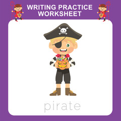 Writing practice worksheet for kids with Halloween festival theme, a cute little boy with pirate costume. Educational printable worksheet. Writing exercise game for kids. Vector file.