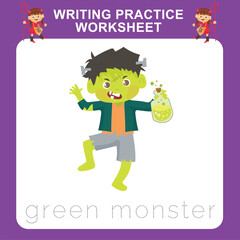 Writing practice worksheet for kids with Halloween festival theme, a cute little boy with green monster costume. Educational printable worksheet. Writing exercise game for kids. Vector file.