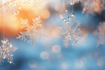 Snowflakes falling to snow ground warm morning light. AI generative