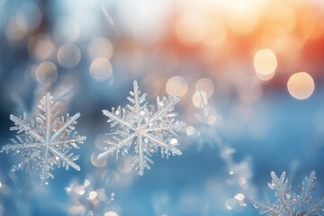 Snowflakes falling to snow ground warm morning light. AI generative - obrazy, fototapety, plakaty