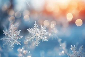 Foto auf Acrylglas Snowflakes falling to snow ground warm morning light. AI generative © Attasit