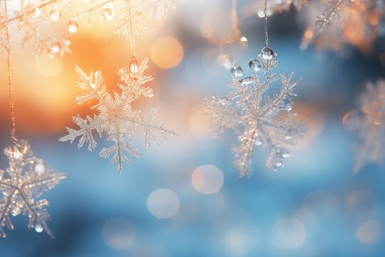 Snowflakes falling to snow ground warm morning light. AI generative