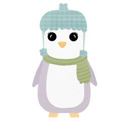 Penguin with hat, hand drawn, transparency illustration.