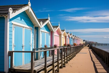 Vibrant seaside cabins lining the promenade at a pier in Southwold, Suffolk during a sunny morning. Generative AI - obrazy, fototapety, plakaty