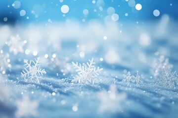 Fototapeta na wymiar Snowflakes falling to snow ground warm morning light. AI generative