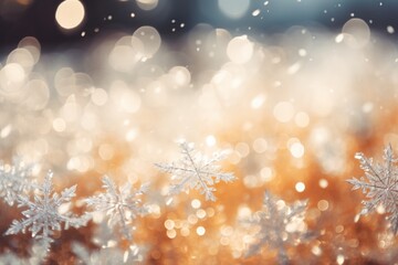 Obraz na płótnie Canvas Snowflakes falling to snow ground warm morning light. AI generative