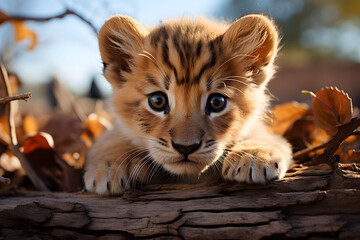 Curious funny lion cub peeking.