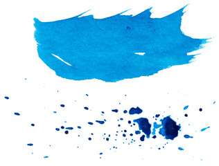 Splashes of blue watercolor paint and a smear of light blue paint on a white isolated background