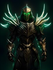 futuristic warrior in green armor with dark background