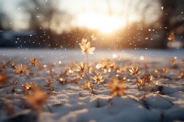 Snowflakes falling to snow ground warm morning light. AI generative