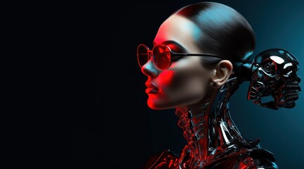 A bold and futuristic woman donning a shimmering bodysuit and dark shades, radiating an air of artistic rebellion