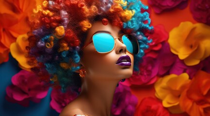 Fototapeta premium A vibrant woman adorned with a bouquet of sunflowers in her hair and sporting stylish shades exudes confidence and a love for bold fashion choices