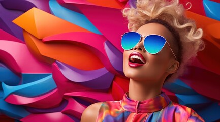 A vibrant woman radiates confidence in her pink magenta sunglasses, embodying the perfect blend of fashion and practicality with her stylish goggles