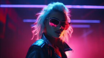 Fototapeta na wymiar A bold and edgy woman dons a leather jacket and sunglasses in magenta hues, exuding a fierce sense of style as she immerses herself in the pulsating energy of a concert, her goggles reflecting the vi