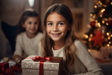 Cute girl with a Christmas gift and parents in the Christmas room at home. AI generative