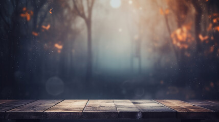 Enchanting autumn empty table woodland scene, golden leaves gently falling on a rustic wooden platform, diffused sunlight streaming through misty trees copy space banner