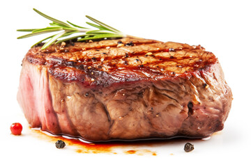 Closeup Isolated of delicious Juicy grilled medium rare beef steaks with spices white background , AI generative technology.