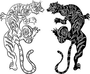 Outline and doodle art Tiger vector is on white background.Drawing tiger for tattoo.Traditional Japanese culture for printing on background.