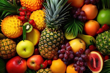 Top View of Fresh Tropical Fruits Background. Assorted Ripe Fruits Mix Including Pineapple in Green