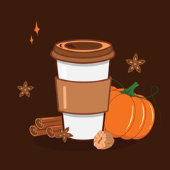 Vector illustration of pumpkin spice latte with cinnamon, nutmeg, cloves
