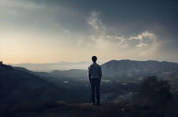 Obraz premium man stands on the top of a mountain with mountain view