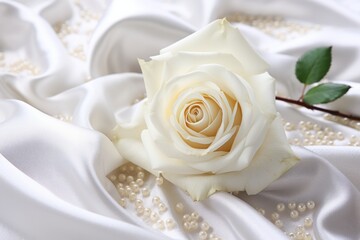 Photo of a white rose in close-up on a pristine white cloth created with Generative AI technology