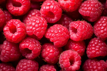 Close up macro texture raspberry berries. Fresh ripe raspberries background. Summer healthy food,...