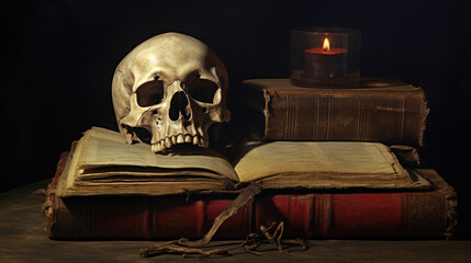 Necromancy books and ancient texts about occultism and witchcraft spells, human skull paperweight, unholy knowledge, macabre still life of death and evil.   