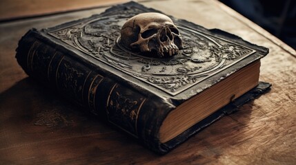 Necromancy book with skull cover and ancient texts about occultism and witchcraft spells, unholy knowledge, macabre still life of death and evil.   