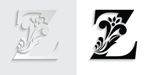 letter Z. Black flower alphabet. Beautiful capital letters with shadow