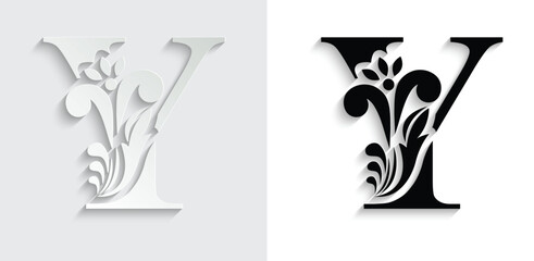letter Y. Black flower alphabet. Beautiful capital letters with shadow