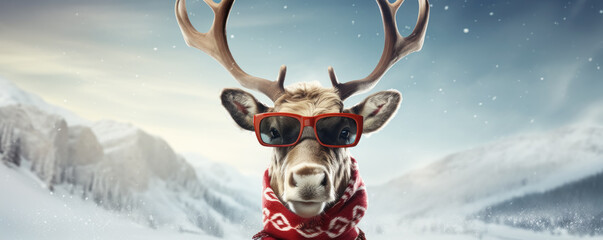 Portrait of reindeer Rudolph with sunglasses. Merry Christmas banner. - obrazy, fototapety, plakaty