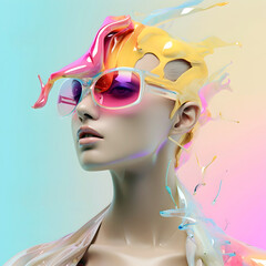 Futuristic human illustration adorned with liquid transparent glassy wave, sophistic and gentle charm through stylish glasses. Generative AI
