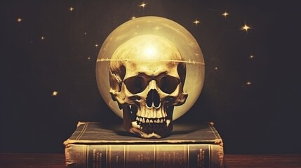 Necromancy books and ancient texts about occultism and witchcraft spells, human skull sphere paperweight, unholy knowledge, macabre still life of death and evil.   