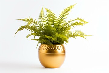 Fern houseplant in golden pot on white background. Generative AI