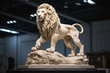 A sculpture of a majestic lion displayed on a raised platform. Generative AI