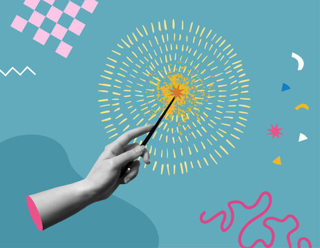 Human hand holding festive sparkler retro collage mixed media style vector illustration