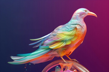 Obraz premium Crystal glossy colorful bird on dark background, crystal bird background, 3D bird creative illustration. Generative AI 
