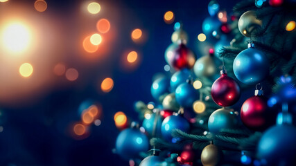 close up decorazioni albero di Natale su sfondo blu - obrazy, fototapety, plakaty