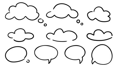 Obraz premium Speech or thought bubbles of different shapes. Thought cloud. Thought bubble icon in trendy hand drawn doodle style design. Vector illustration. Black outline illustrations on a white background